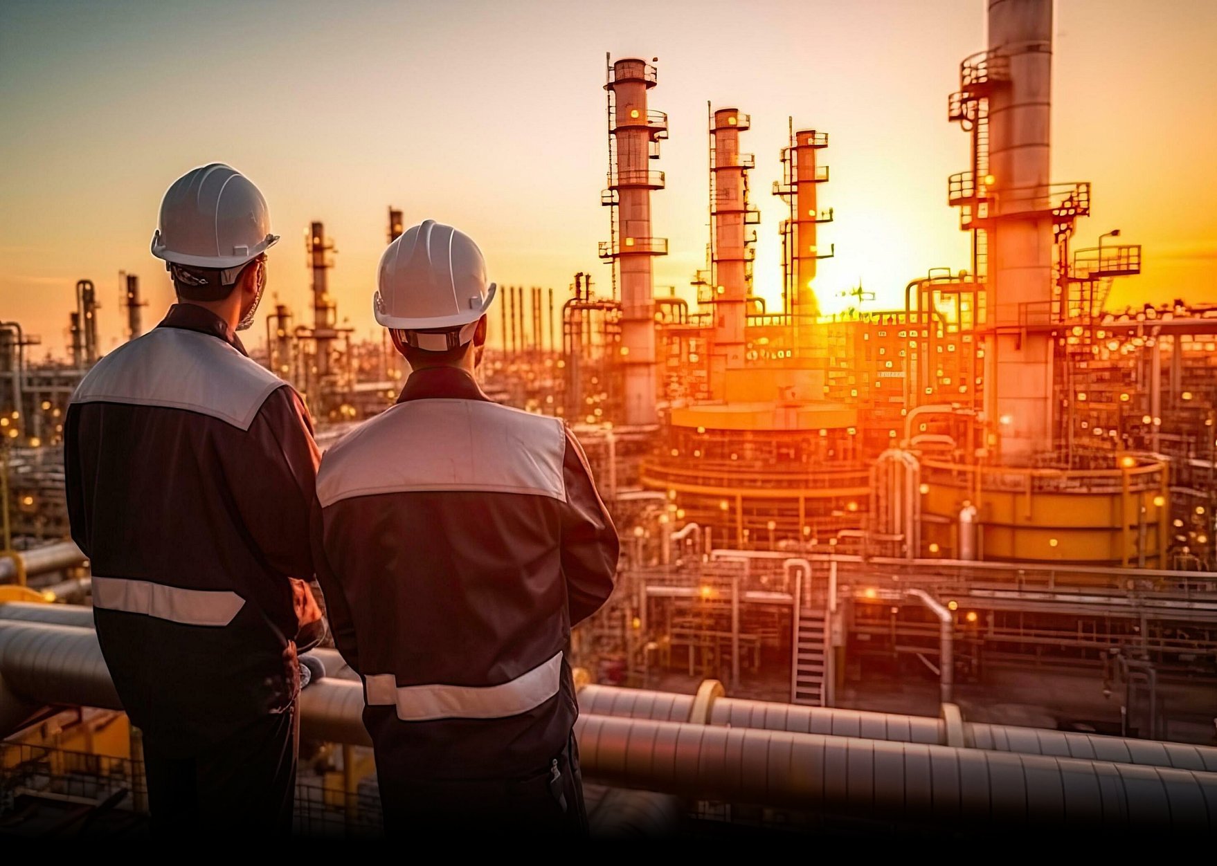 Two engineers in protective equipment in front of an industrial refinery installation